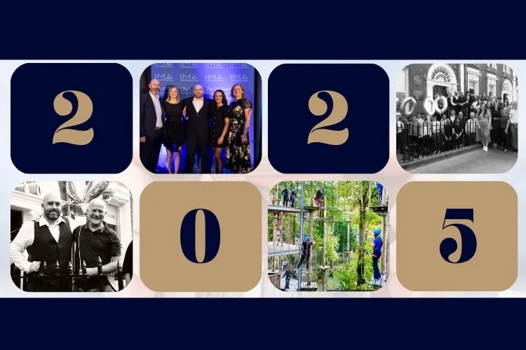 Collage of the digits 2025 with the Jacob Law LLP team at an awards night, outside the office and on a treetop ropes course