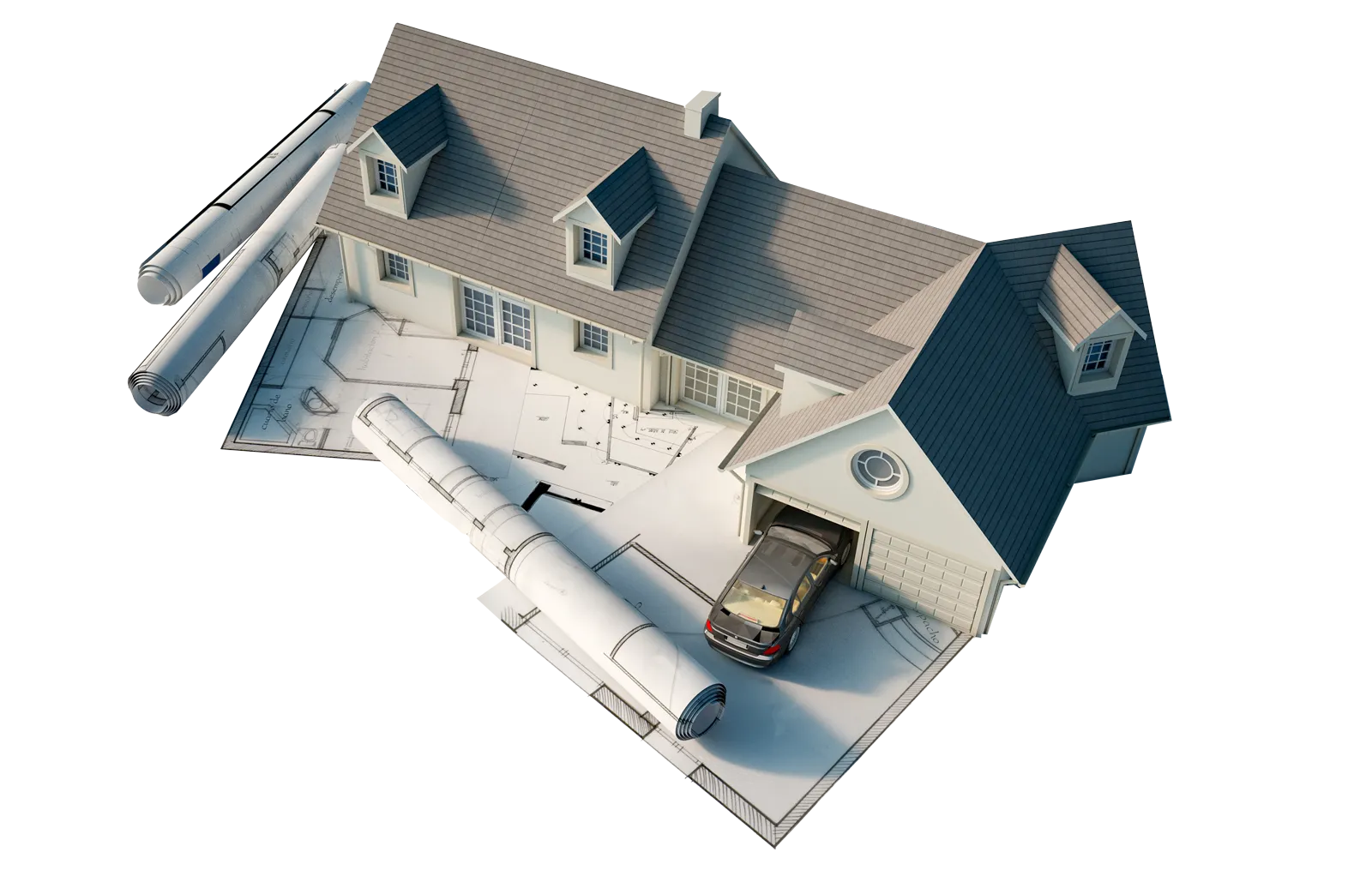 A model house standing on architectural plans